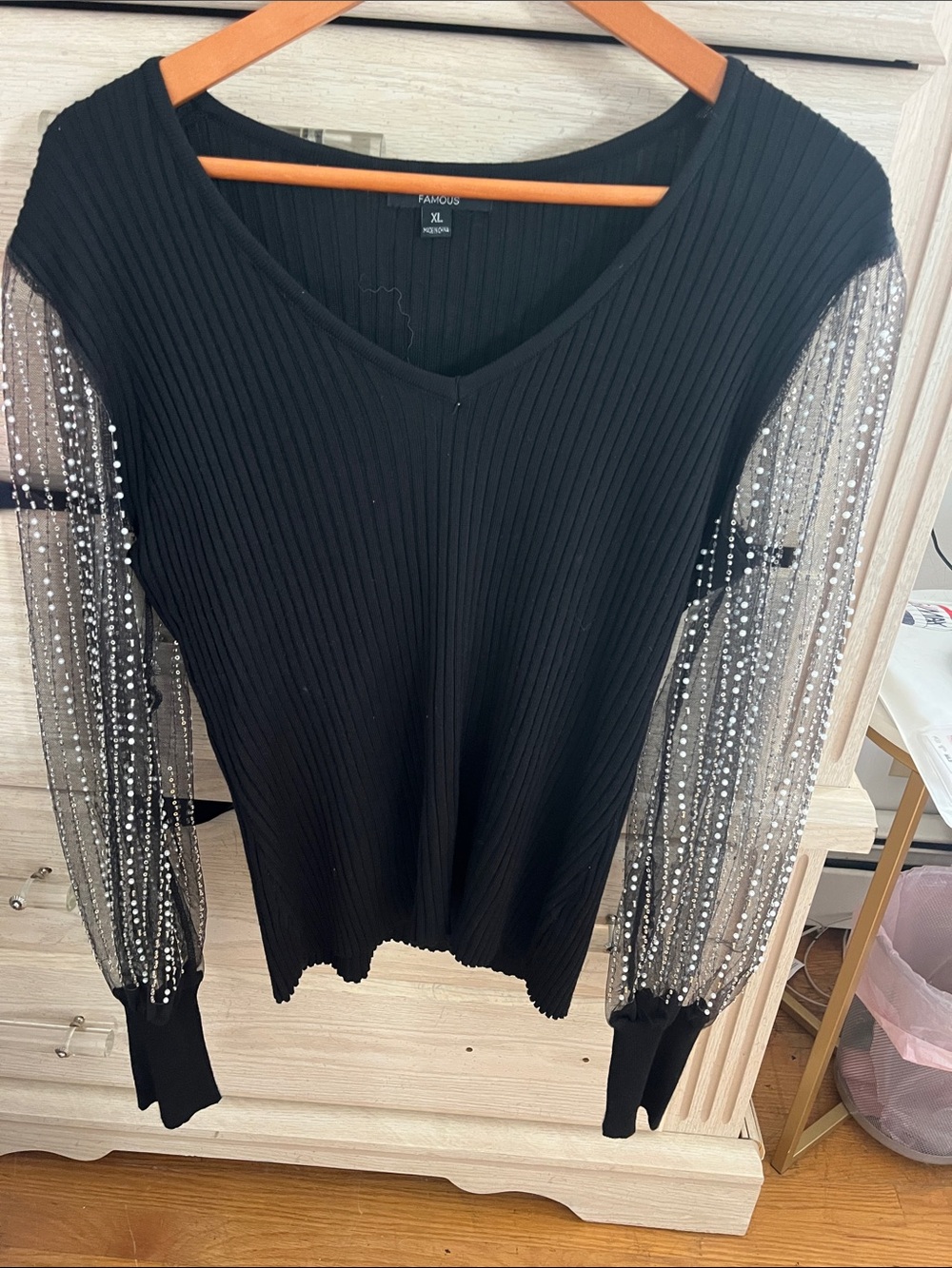 Black Ribbed V-Neck Top with Sheer Beaded Sleeves